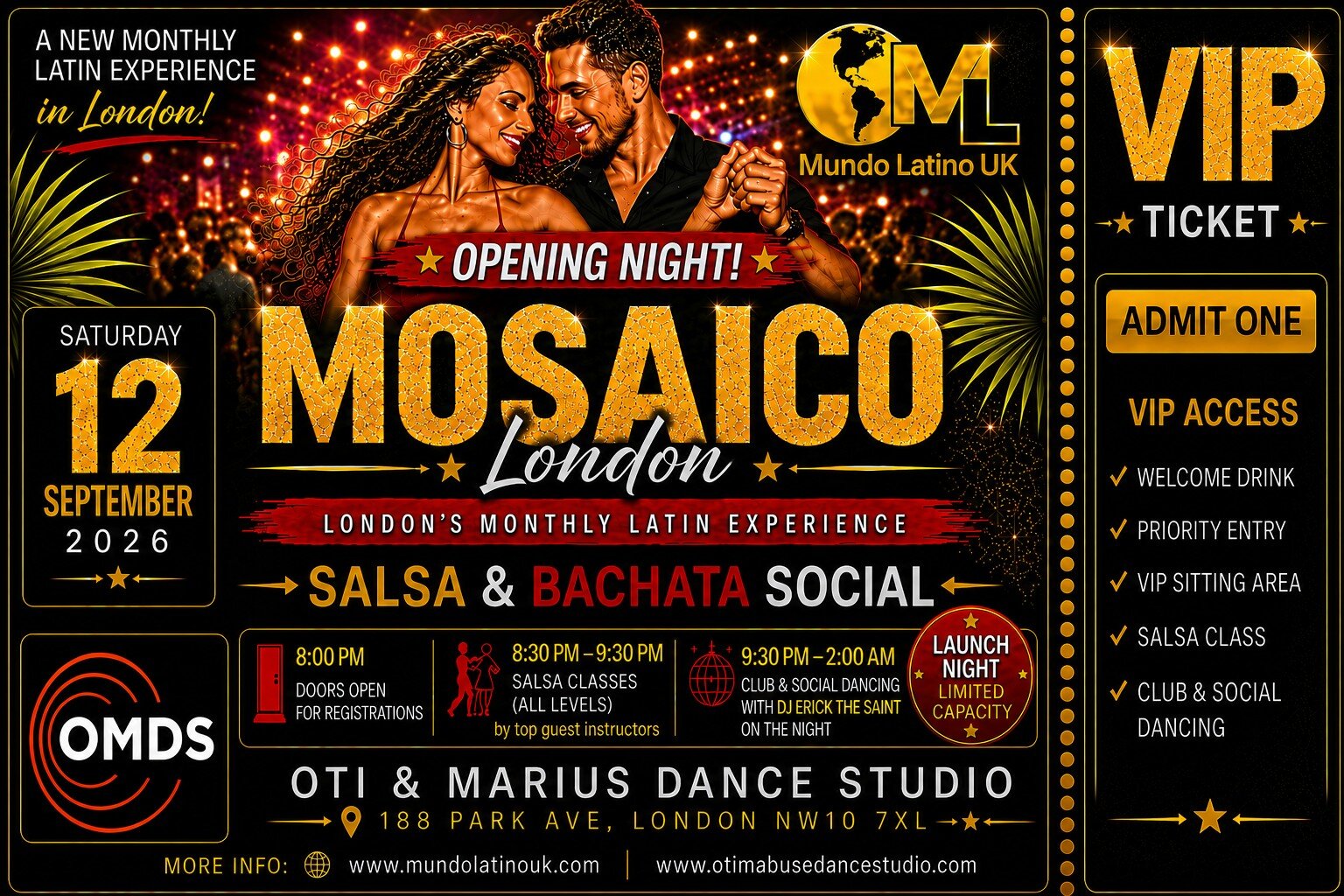 Mosaico Latin Club Masaico latin night vip ticket 12th September launch night